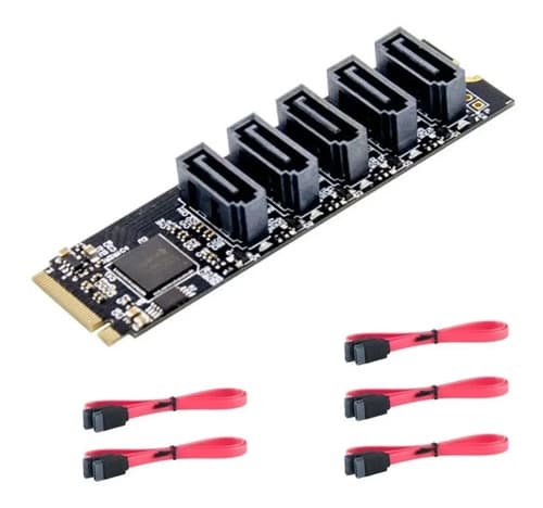 MTS-M2MSATA5 — adaptador M.2 Key M a 5× SATA AMITOSAI con 5 cables rojos (producto solo)
