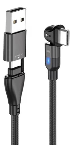 MTS-MOVER100 — cable negro mallado USB-A con adaptador TYPE-C y codo USB-C 180° con LED (producto solo)