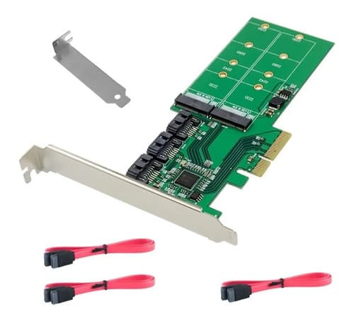 MTS-PCIE3S2M2 — placa PCIe AMITOSAI 2× M.2 B-key + 3× SATA, cables y bracket low profile (producto solo)