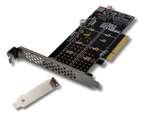 MTS-PCIE82NVME — placa PCIe x8 a 2× NVMe con disipadores y brackets (producto solo)