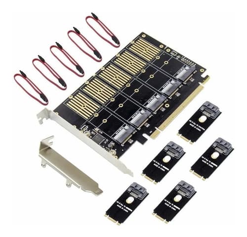 MTS-PCIEX16M25 — placa PCIe x16 a 5× M.2 B/SATA con cables y adaptadores (producto solo)