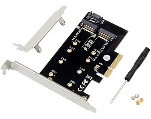 MTS-PCIEX4M2BM — adaptador PCIe x4 a M.2 B/M + SATA con brackets y destornillador (producto solo)