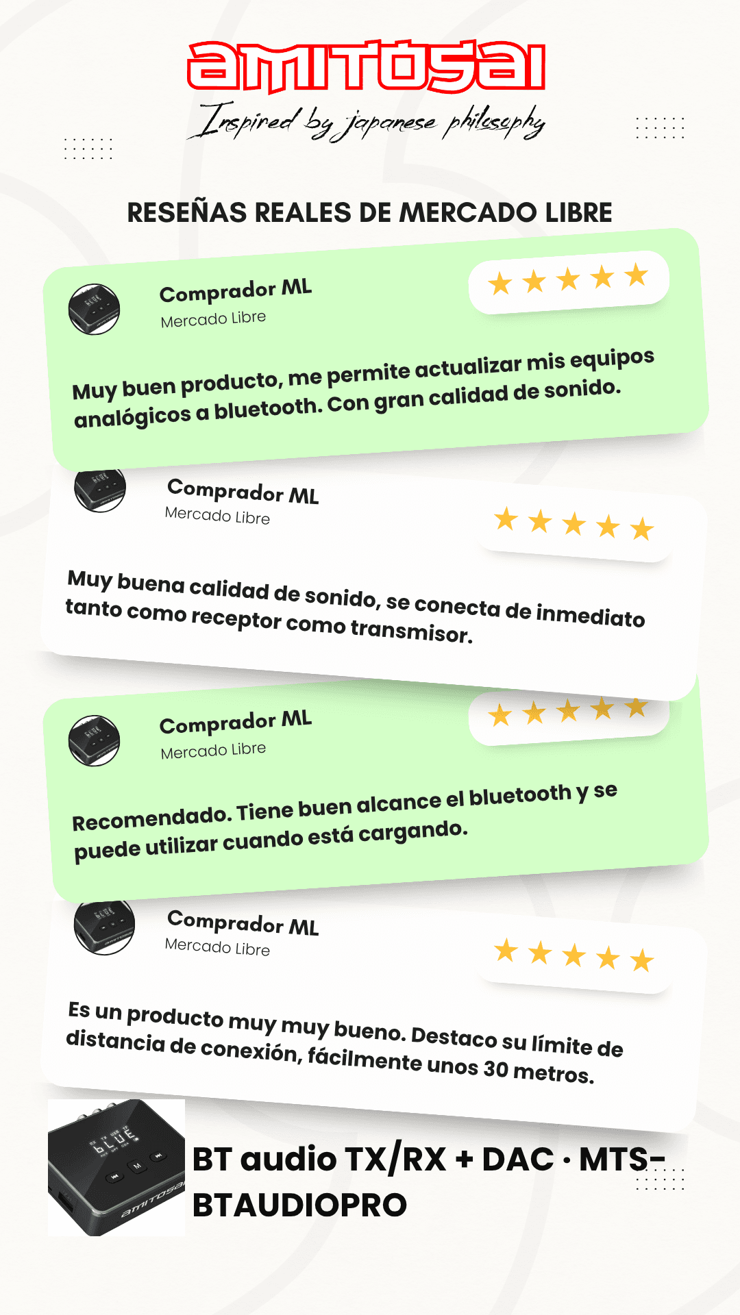 Opiniones de clientes sobre Receptor transmisor Bluetooth DAC USB/SD AMITOSAI MTS-BTAUDIOPRO
