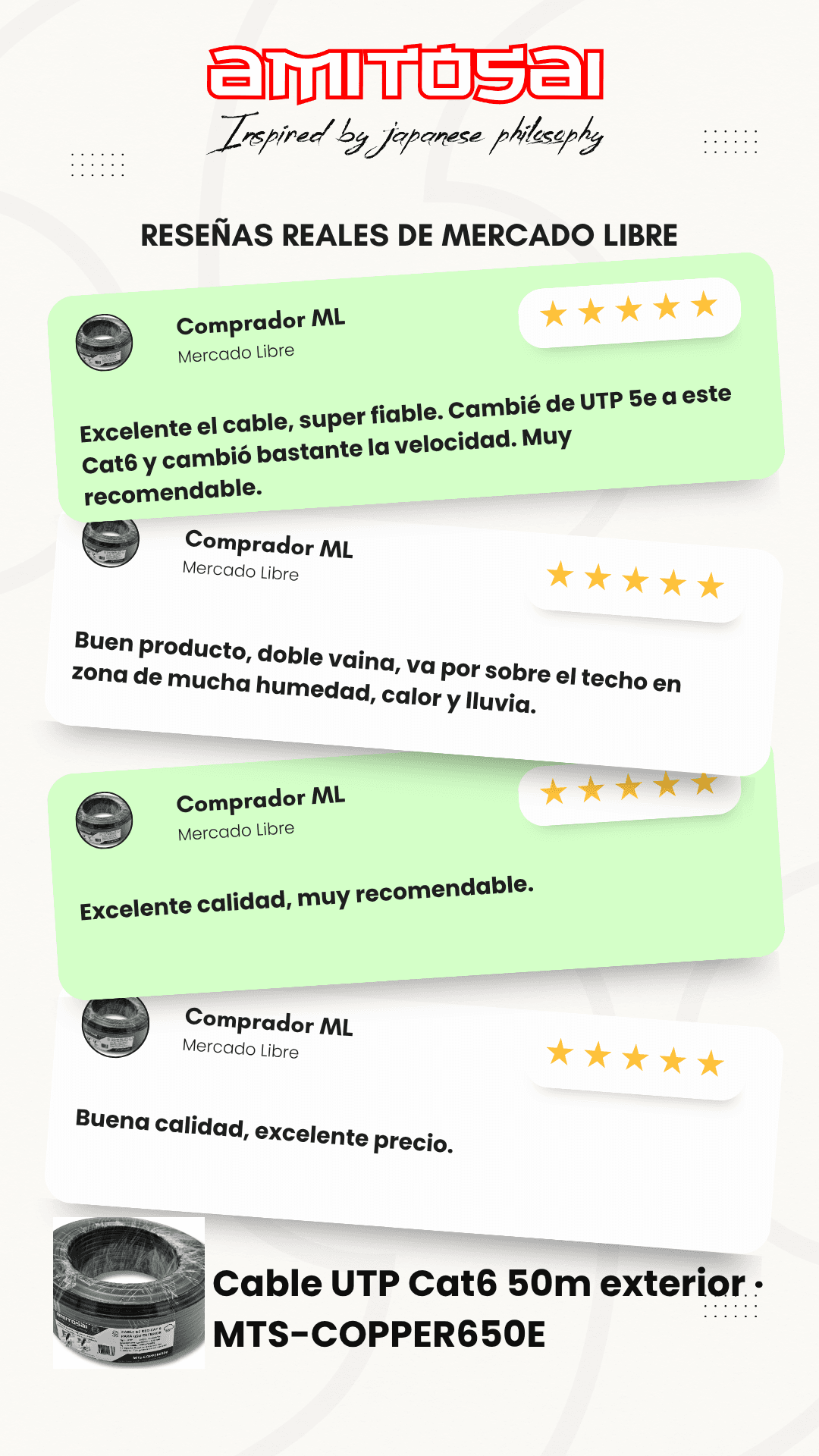 Opiniones de clientes sobre Cable Cat 6 exterior 50 m 100% cobre doble vaina AMITOSAI MTS-COPPER650E
