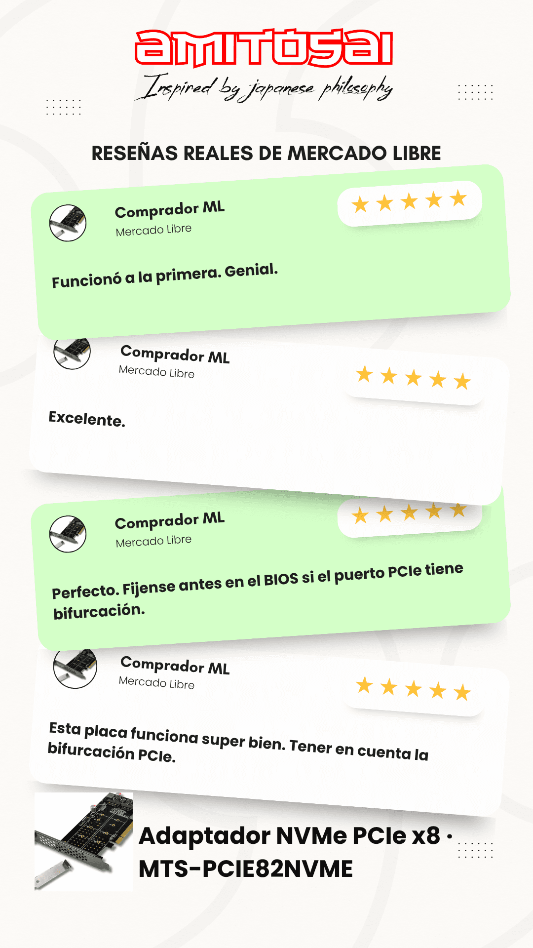 Opiniones de clientes sobre Placa PCIe x8 a 2× NVMe M.2 AMITOSAI MTS-PCIE82NVME