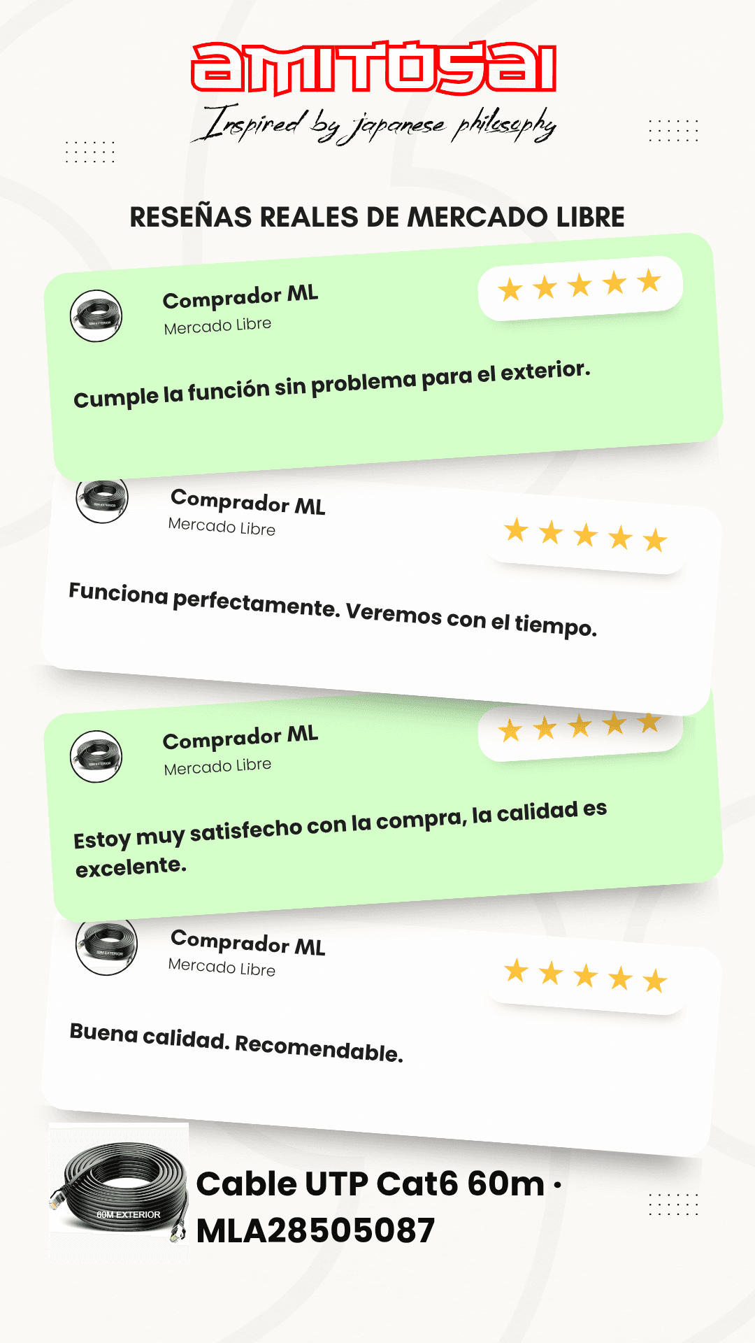 Opiniones de clientes sobre Patch cord Cat 6 exterior 60 m AMITOSAI MTS-POUT660