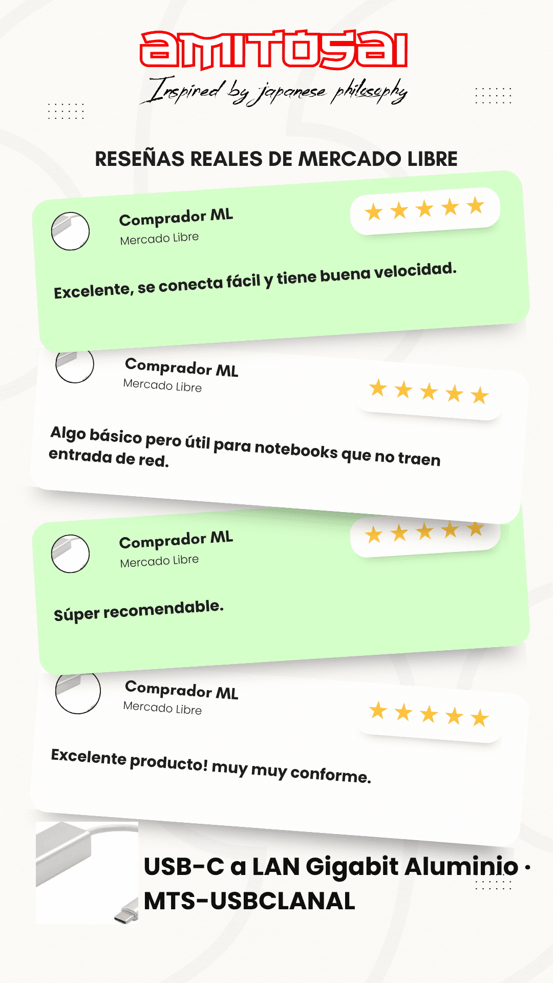 Opiniones de clientes sobre Adaptador USB-C a LAN Gigabit Aluminio AMITOSAI MTS-USBCLANAL