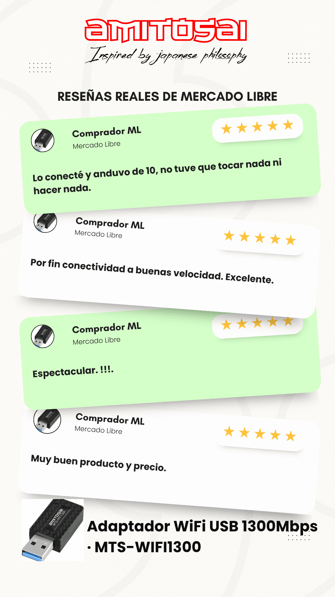 Opiniones de clientes sobre Adaptador USB WiFi 1300 Mbps Dual Band AMITOSAI MTS-WIFI1300